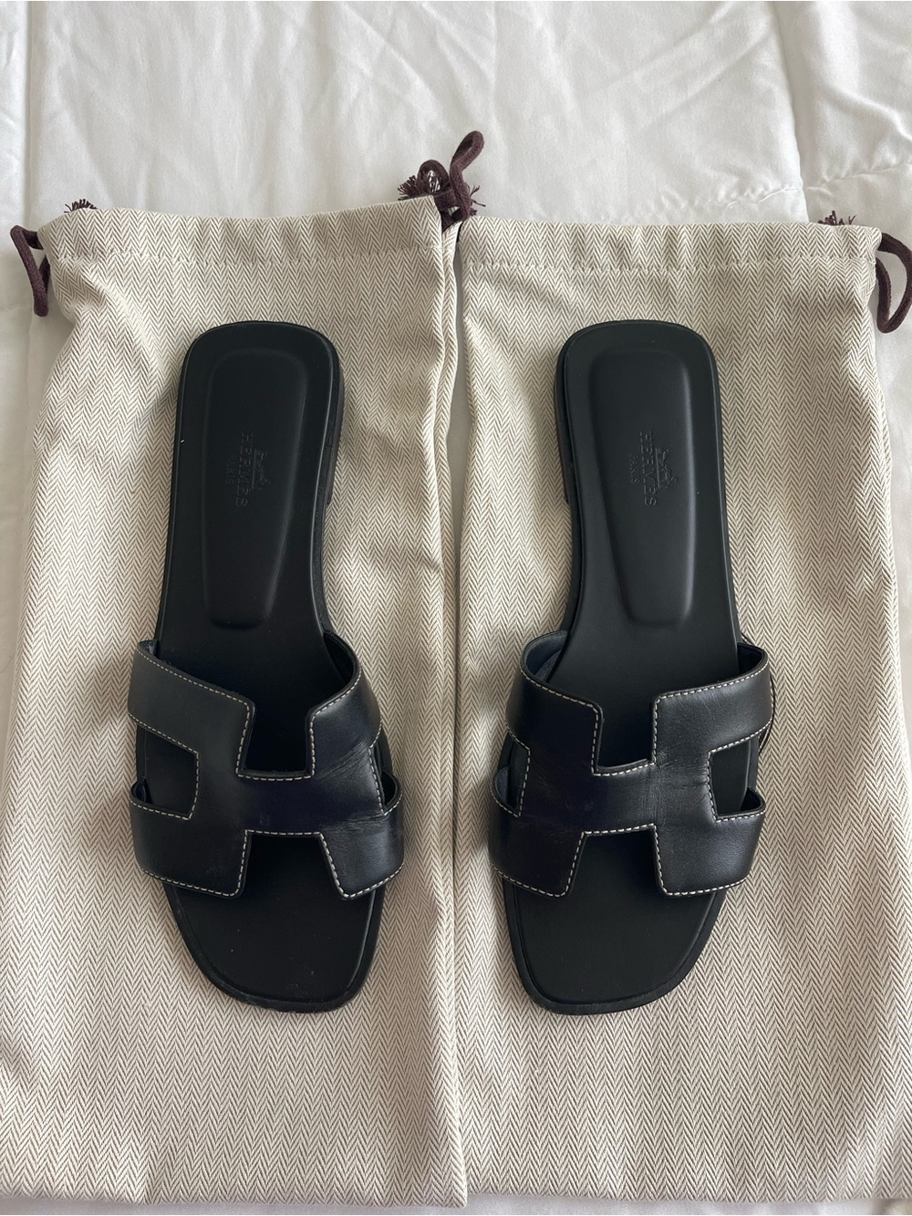 Hermes Black Oran Leather Slide Sandals